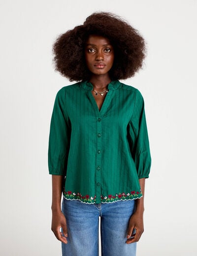 Blouse broderie col v manches 3/4 vert fonc&eacute; femme