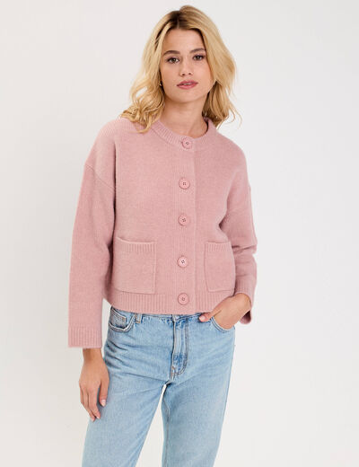 Gilet bouclette col rond manches longues rose poudr&eacute;e femme