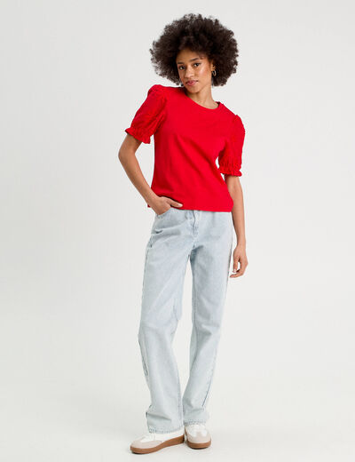 T-shirt manches brodées rouge femme