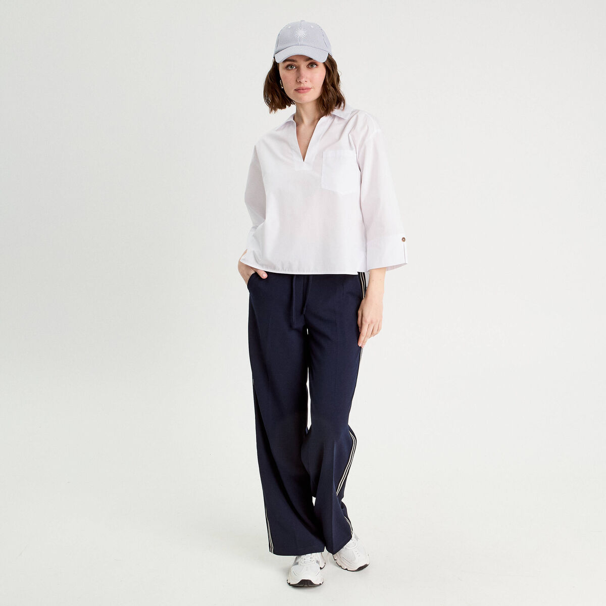 Pantalon large avec bandes bleu marine femme