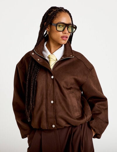 Veste effet boule col montant marron chocolat femme