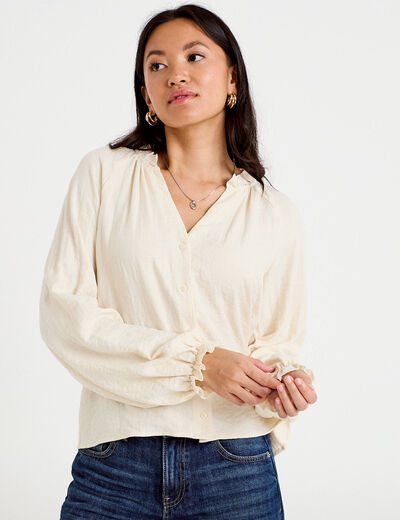Blouse ample pliss&eacute;e manches longues ecru femme