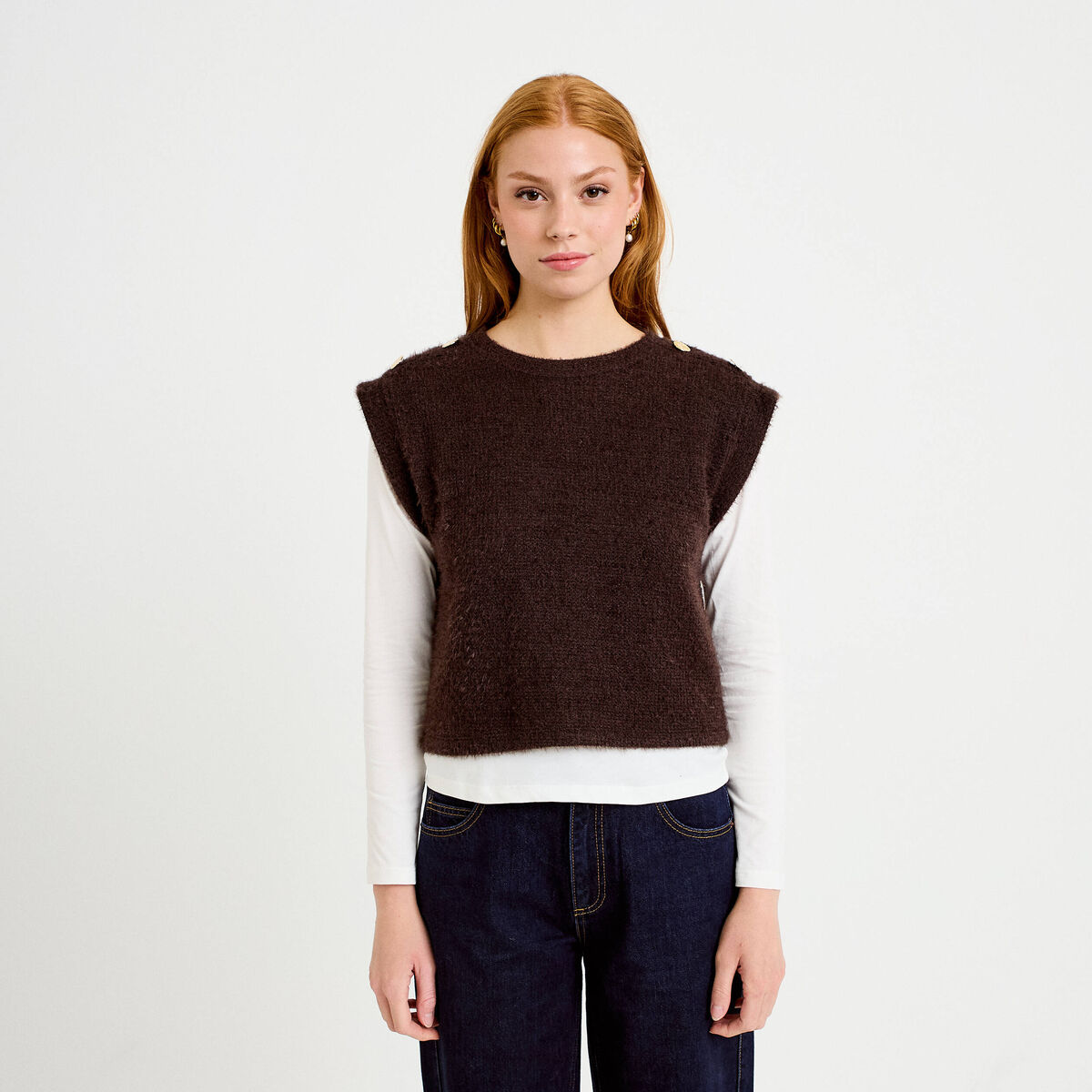 Pull 2-en-1 manches longues col rond marron fonc&eacute; femme