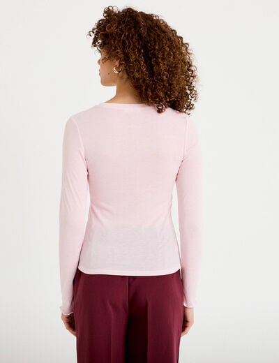 T-shirt ajust&eacute; col rond manches longues rose clair femme