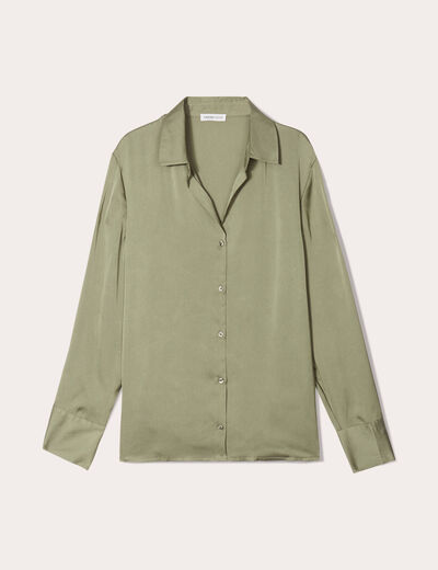 Chemise manches longues satin vert kaki femme