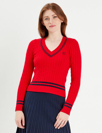 Pull manches longues torsades rouge foncé femme