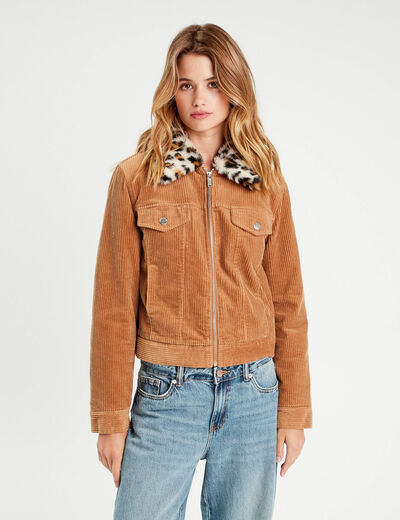 Veste velours col amovible camel femme