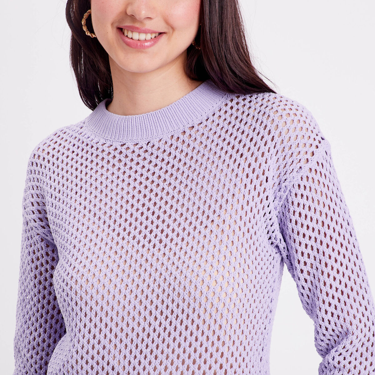Pull ajouré col rond parme femme
