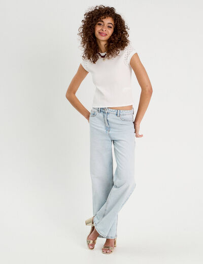 T-shirt détails ajourés ecru femme