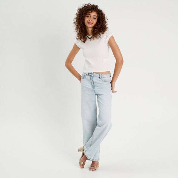 T-shirt détails ajourés ecru femme