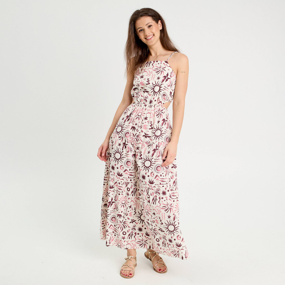 Robe longue évasée ouvertures rose femme