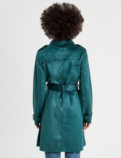 Trench long cintré suédine bleu canard femme