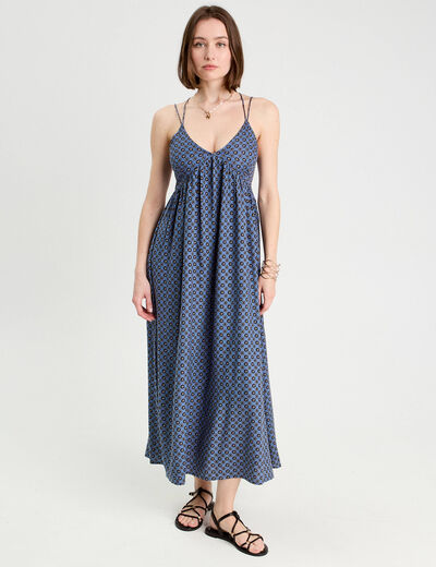 Robe longue évasée bretelles bleu pétrole femme