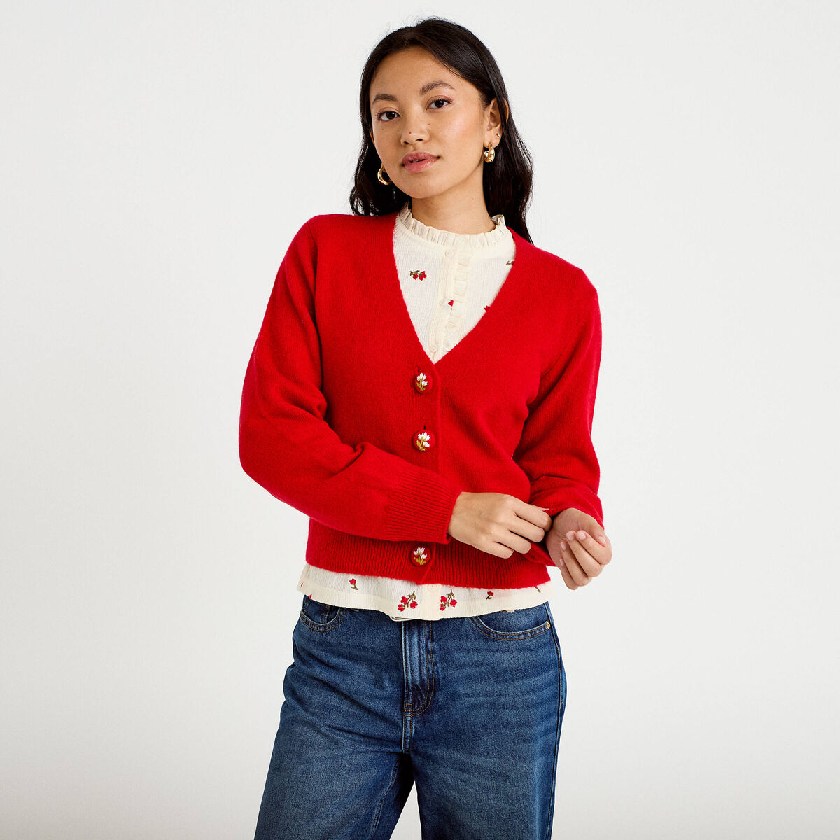 Gilet col v broderie manches longues rouge femme