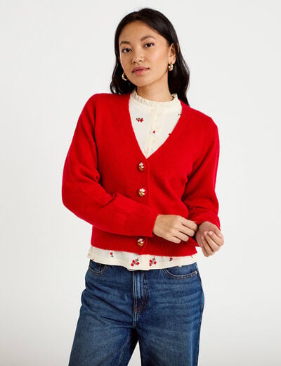 Gilet col v broderie manches longues rouge femme