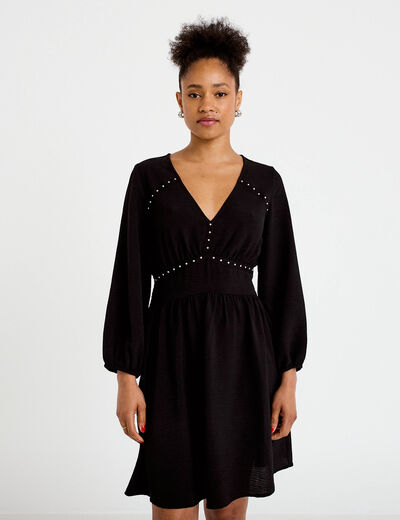 Robe &eacute;vas&eacute;e col v manches longues noir femme