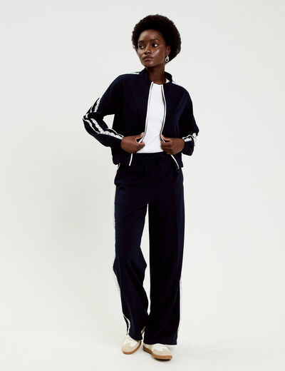 Veste zipp&eacute;e d&eacute;tail dentelle bleu marine femme