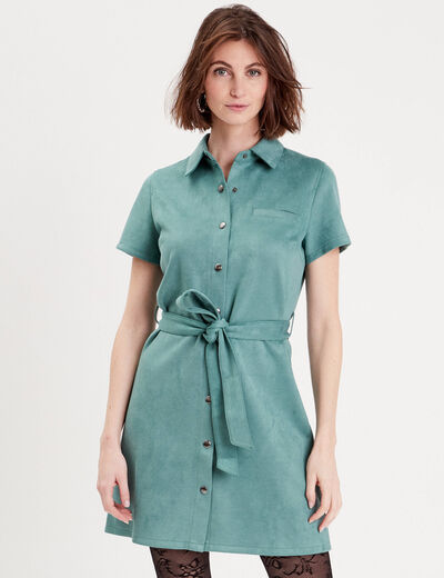 Robe suédine droite ceinturée vert foncé femme