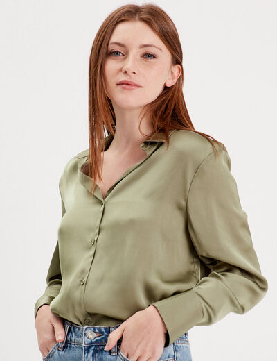 Chemise manches longues satin vert kaki femme