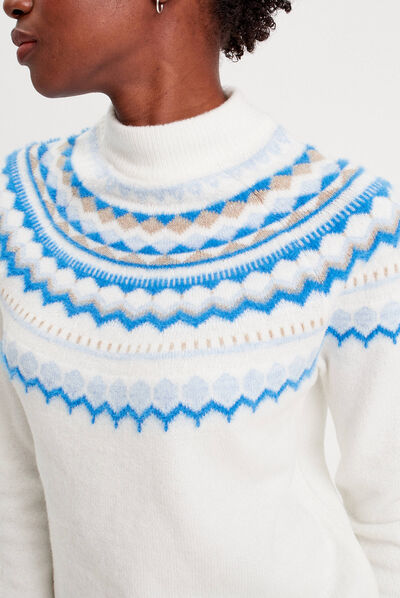 Pull col montant ecru femme