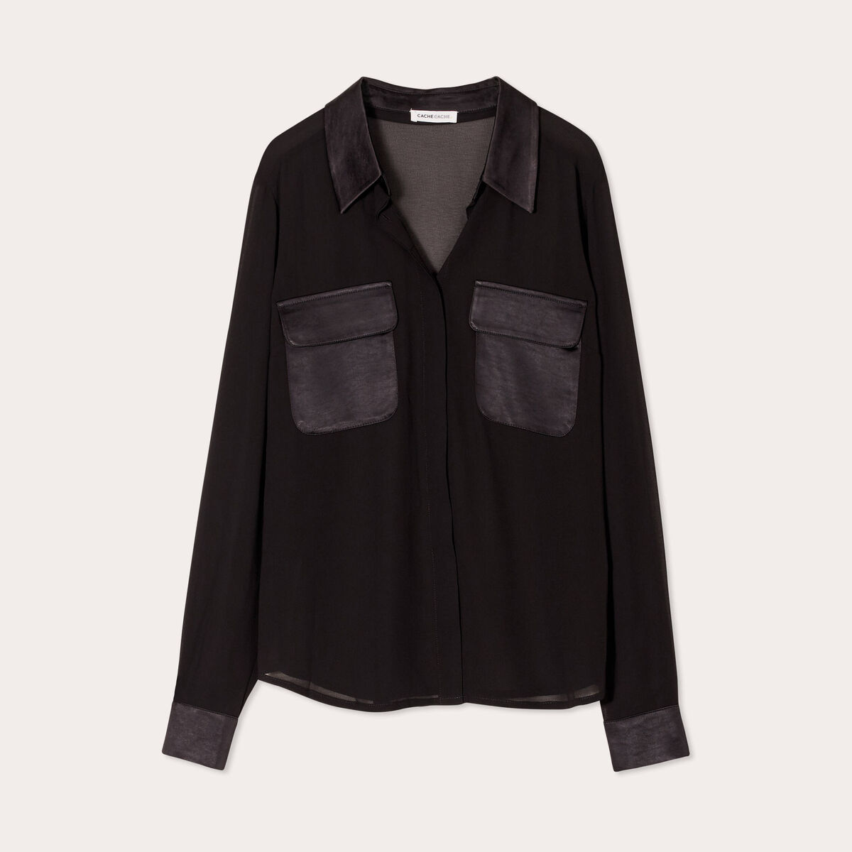 Chemise poches en satin noir femme