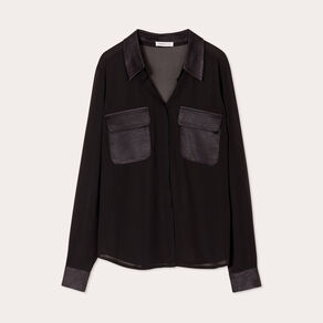 Chemise poches en satin noir femme