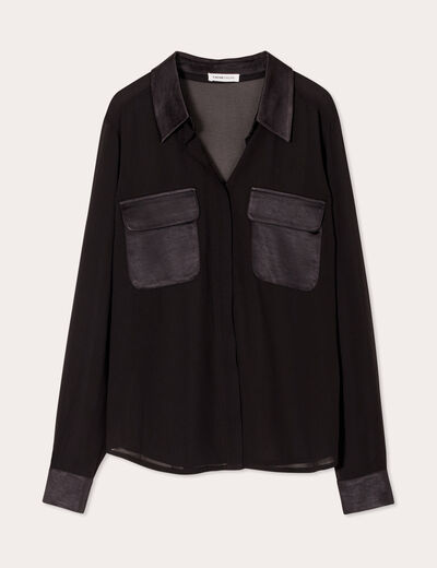 Chemise poches en satin noir femme