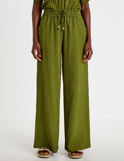 Pantalon large fluide taille haute vert kaki femme