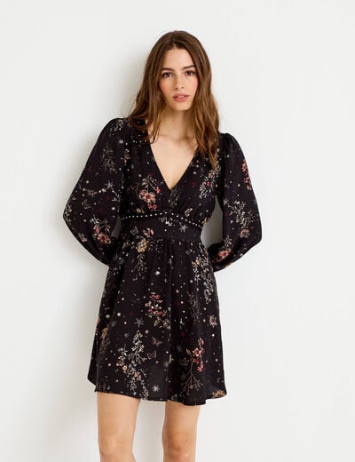 Robe courte &eacute;vas&eacute;e col v manches longues noir femme