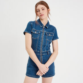 Combishort zippée en jean denim double stone femme
