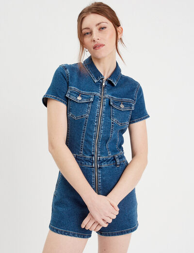 Combishort zippée en jean denim double stone femme