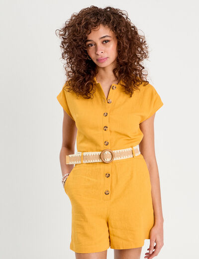 Combishort ceinturée contenant du lin jaune citron femme