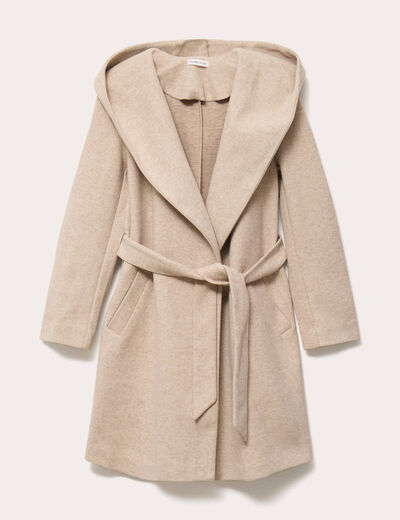Manteau ceintur&eacute; &agrave; capuche beige femme