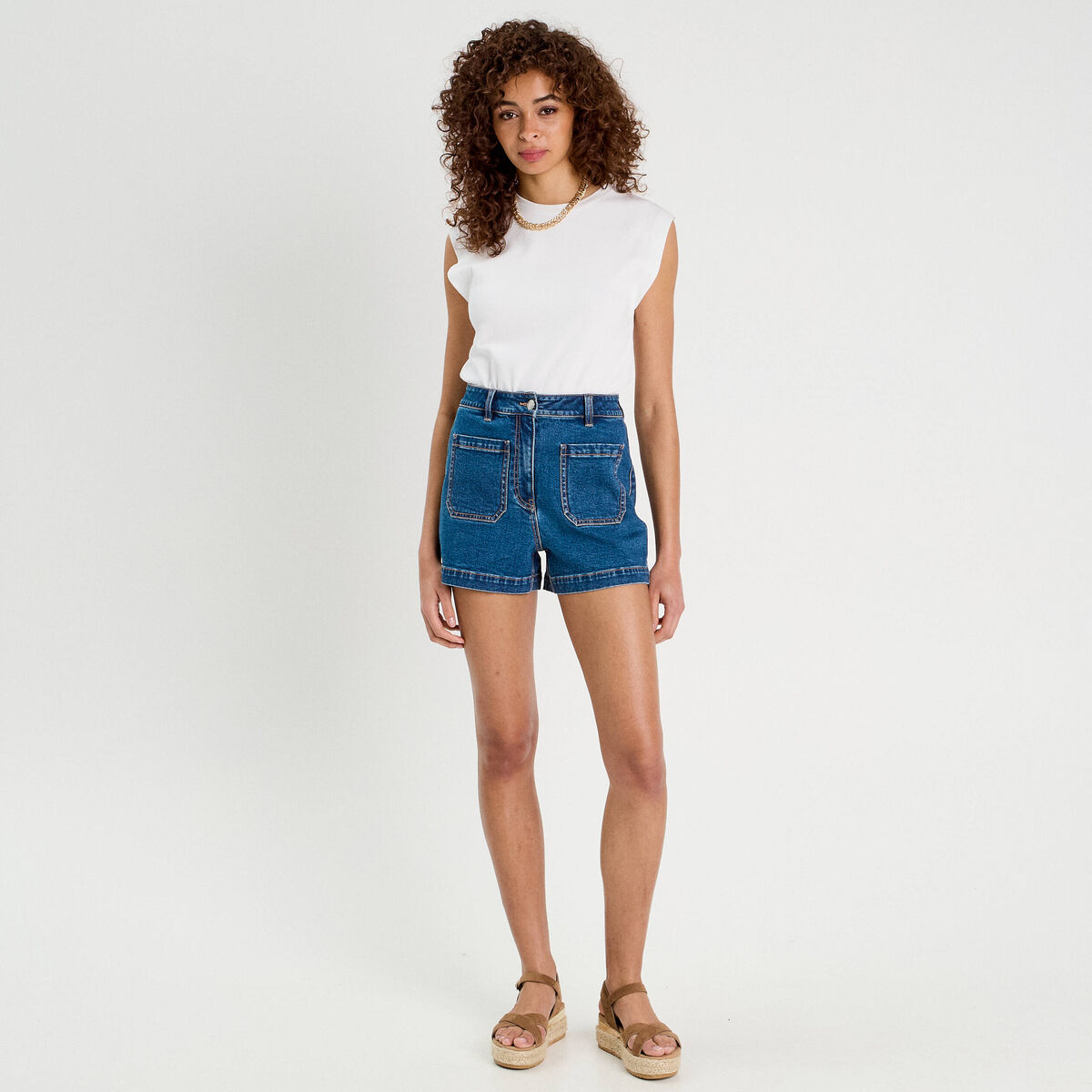 Short mom en jean denim double stone femme