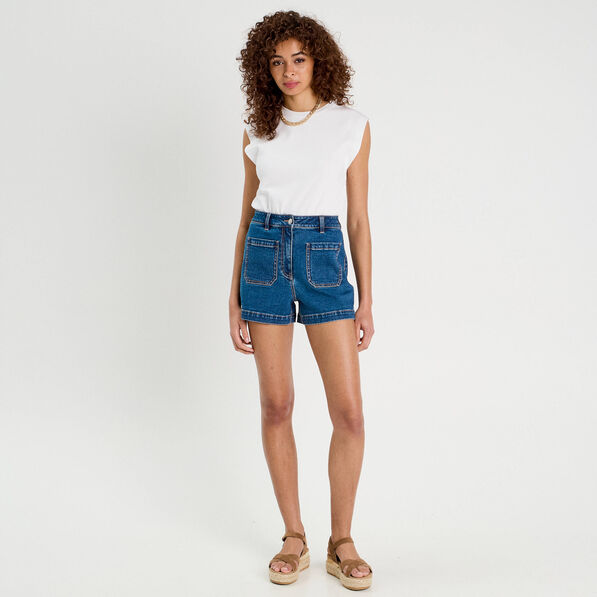 Short mom en jean denim double stone femme