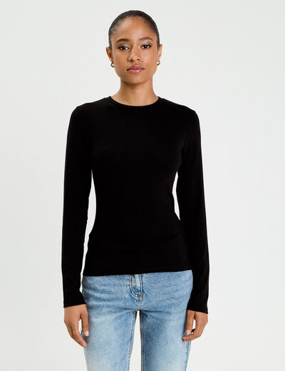 T-shirt cintr&eacute; col rond manches longues noir femme