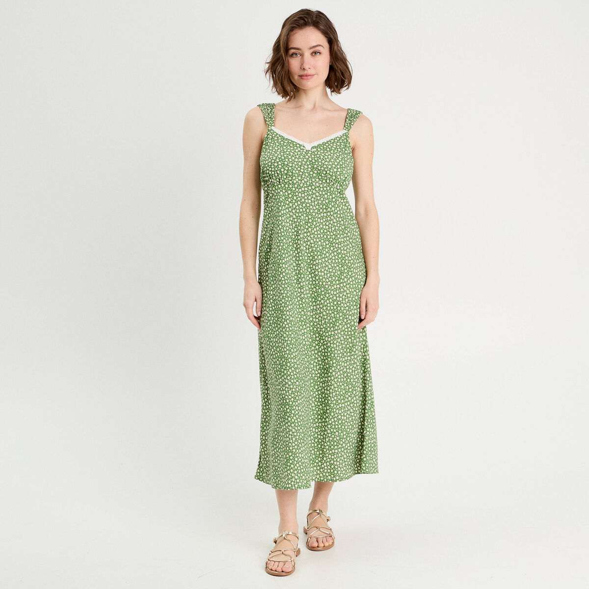 Robe longue évasée vert kaki femme