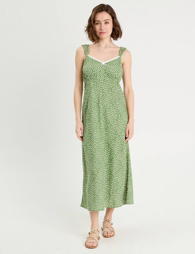 Robe longue évasée vert kaki femme