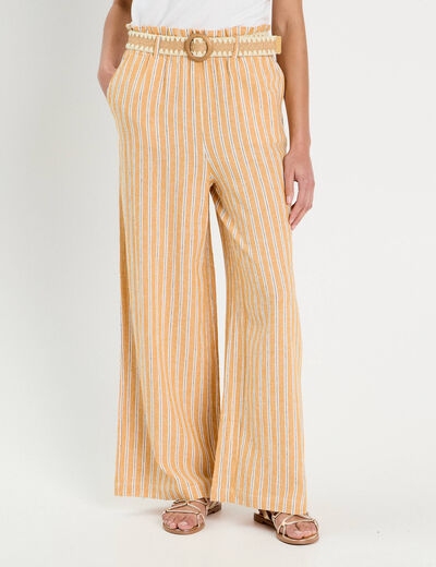 Pantalon large ceinturé contenant du lin jaune femme