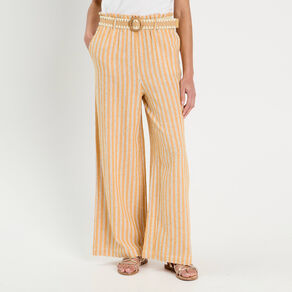 pantalon large ceinture contenant du lin jaune femme Pantalon large ceinturé contenant du lin jaune femme