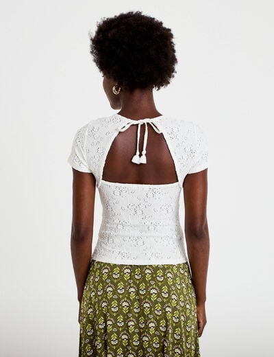 T-shirt ajust&eacute; &agrave; relief manches courtes ecru femme