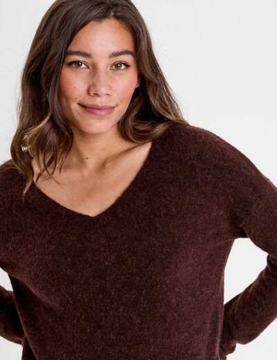 Pull avec col en V marron foncé femme