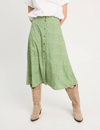 Jupe midi droite boutonnée vert kaki femme
