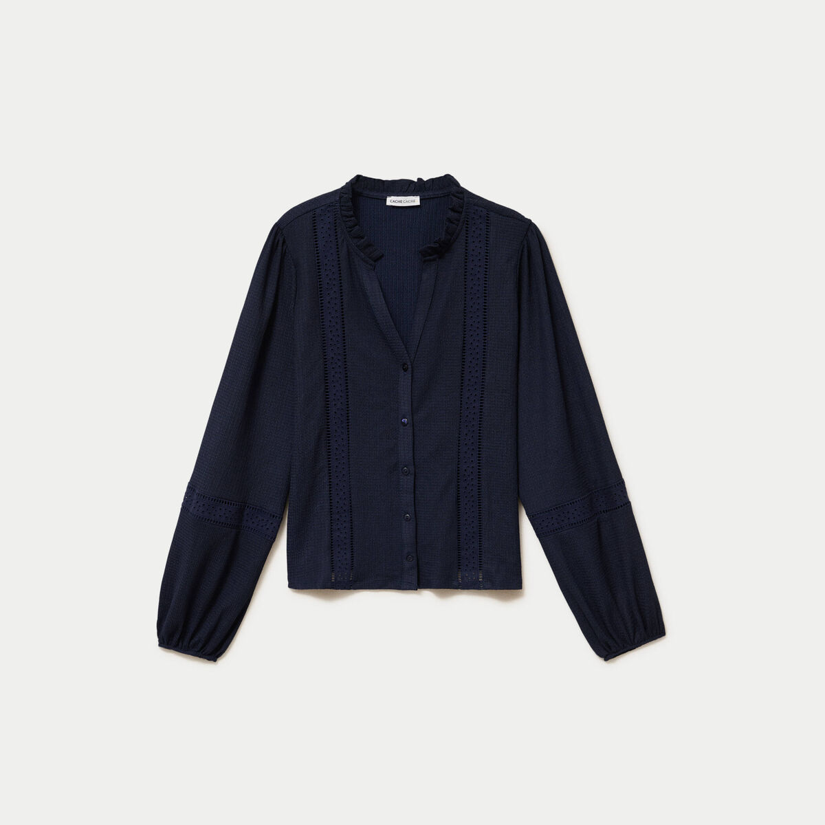 Blouse broderie col V manches longues bleu marine femme