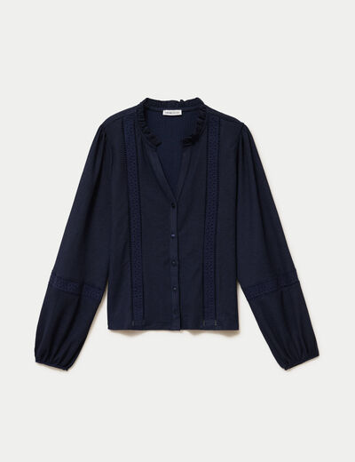 Blouse broderie col V manches longues bleu marine femme