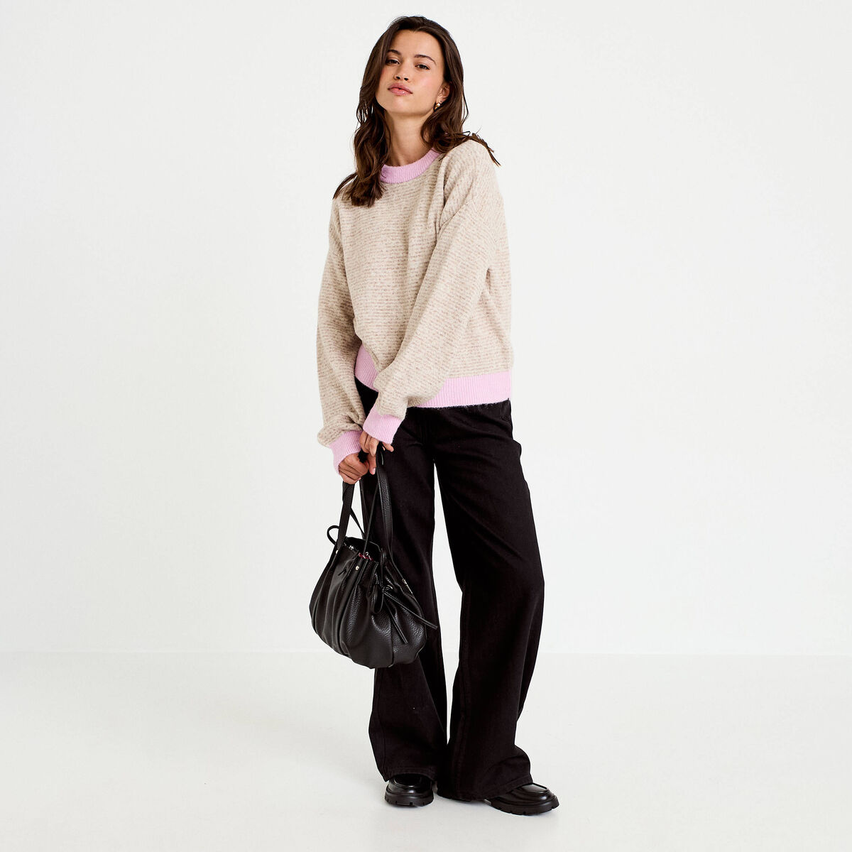 Pull ample col rond manches longues marron femme