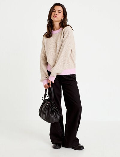 Pull ample col rond manches longues marron femme