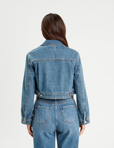 Veste courte zippée en jean denim stone femme