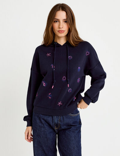 Sweat &agrave; capuche brod&eacute; manches longues bleu femme