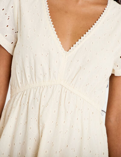 Robe courte &eacute;vas&eacute;e d&eacute;collet&eacute; brod&eacute;e ecru femme